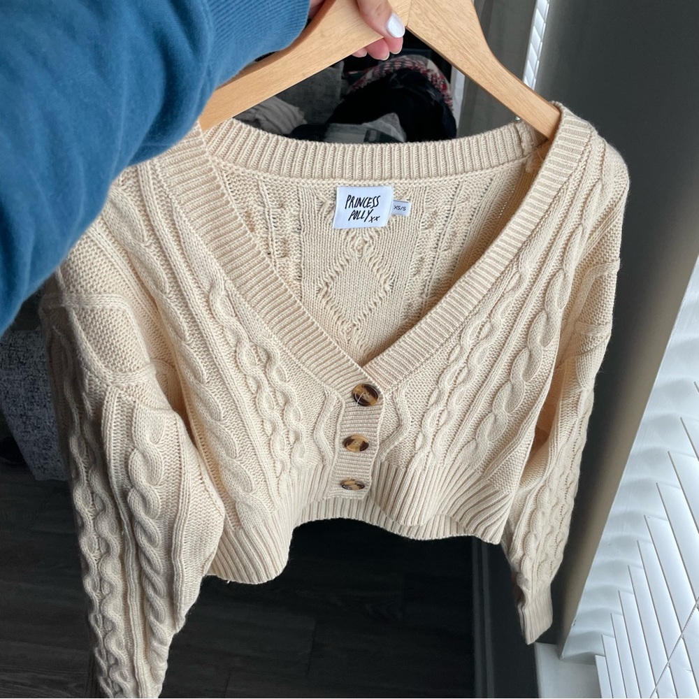 Princess Polly tan cable knit cropped sweater